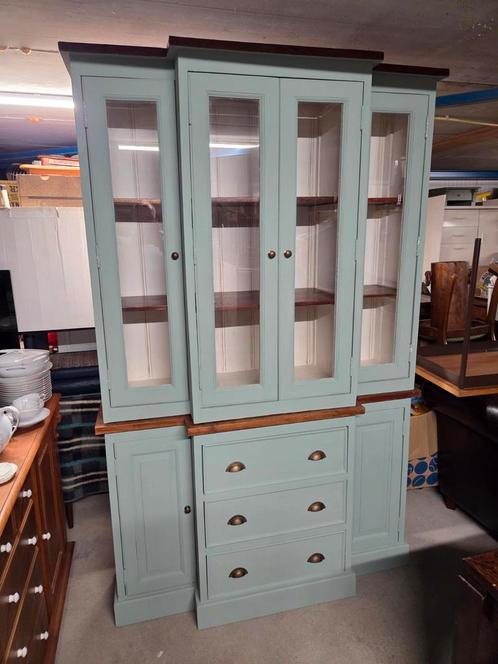 Brocante oud groen buffetkast, vitrinekast, apothekerskast, Antiek en Kunst, Curiosa en Brocante, Ophalen