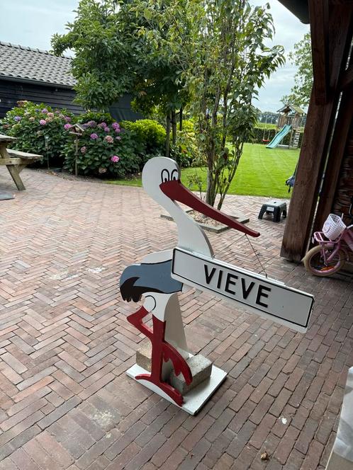 Geboortebord Ooievaar Hout, Kinderen en Baby's, Kraamcadeaus en Geboorteborden, Gebruikt, Geboortebord, Ophalen