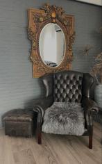 Chesterfield Fauteuil + Voetenbank - Donkergrijs, Huis en Inrichting, Fauteuils, Ophalen, Gebruikt, Leer, 75 tot 100 cm