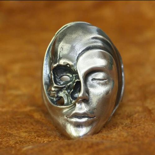 Gothic Zilveren Ring Skull Schedel Dualiteit Biker 925, Sieraden, Tassen en Uiterlijk, Ringen, Zo goed als nieuw, Dame of Heer