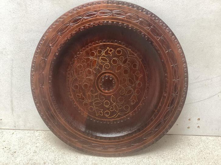 Houten bord met koperinleg, Antiek en Kunst, Antiek | Schalen, Ophalen