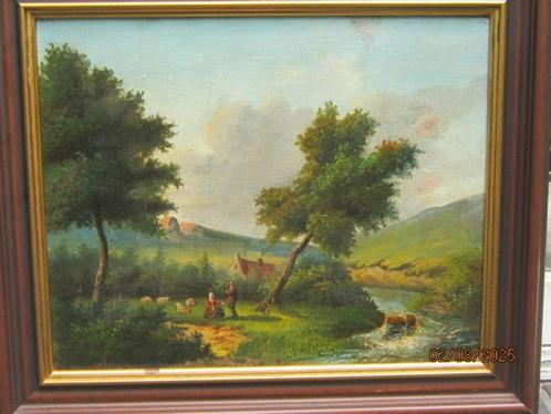 Mooi Olieverf schild/pan. Landsch. mensen met schapen, Huis en Inrichting, Woonaccessoires | Schilderijen, Tekeningen en Foto's