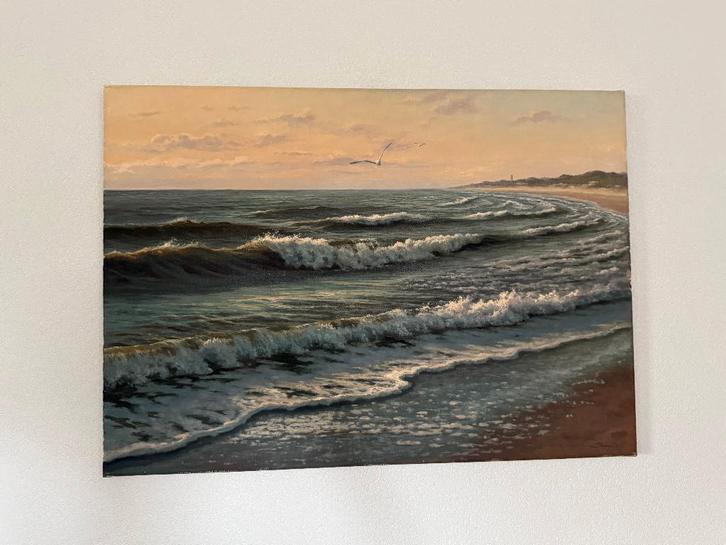 Zeegezicht met vogels bij Texel geschilderd door Ron Meilof, Antiek en Kunst, Kunst | Schilderijen | Modern, Ophalen of Verzenden