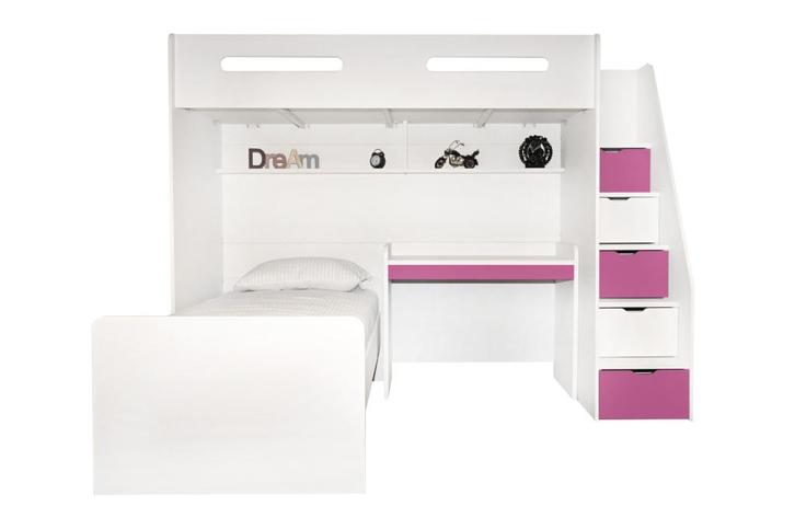 Options hoekstapelbed met bureau - Wit/roze, Huis en Inrichting, Slaapkamer | Bedden