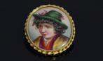 Porselein antieke 14k gouden hanger broche jongen jagershoed
