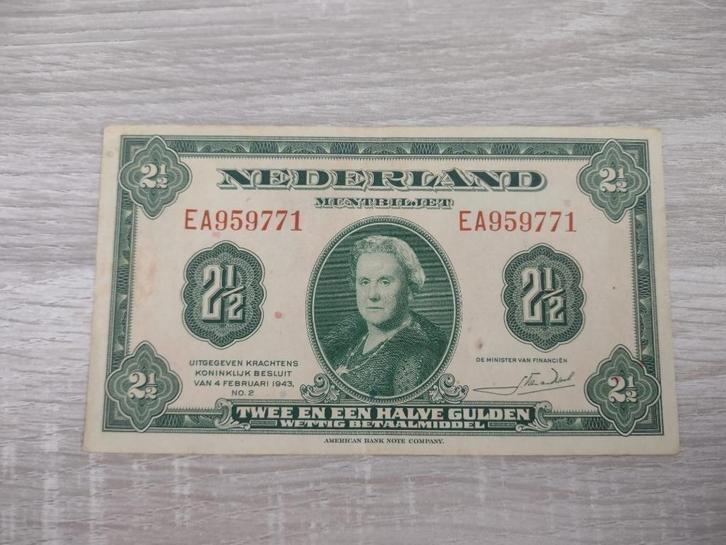 Prachtig biljet 2,5 gulden 1943, muntbiljet Wilhelmina, Postzegels en Munten, Bankbiljetten | Nederland, 1 gulden, Ophalen of Verzenden