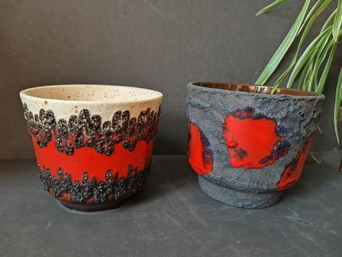 Vintage fat lava bloempot 2x, Tuin en Terras, Bloempotten, Gebruikt, Aardewerk, Minder dan 25 cm, Rond, Ophalen of Verzenden