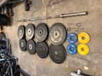 Crossmaxx bumperplates 107 kg  incl halterstang, Gebruikt, Stang, Crossmaxx, Halterset
