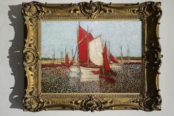 “Vissersboten in de haven” Impressionistische schilderij    beschikbaar voor biedingen