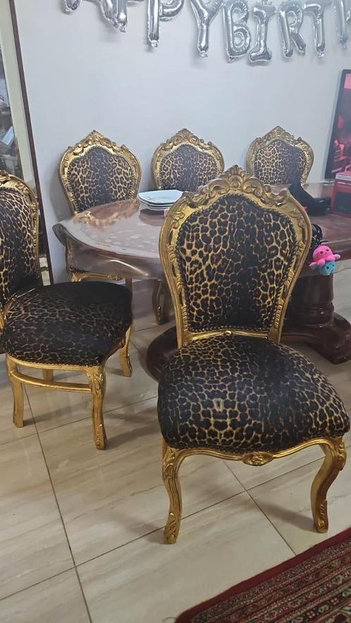 Gouden stoelen, 6 stuks, en 2 salontafels, Huis en Inrichting, Stoelen, Zo goed als nieuw, Vijf, Zes of meer stoelen, Hout, Overige kleuren