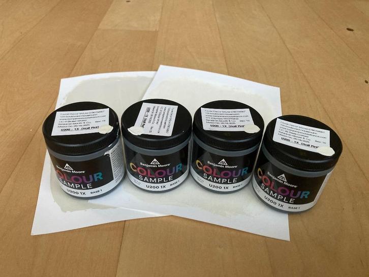 Benjamin Moore verf testers o.a. Ballet White, Swiss Coffee, Doe-het-zelf en Verbouw, Verf, Beits en Lak, Gebruikt, Verf, Minder dan 5 liter