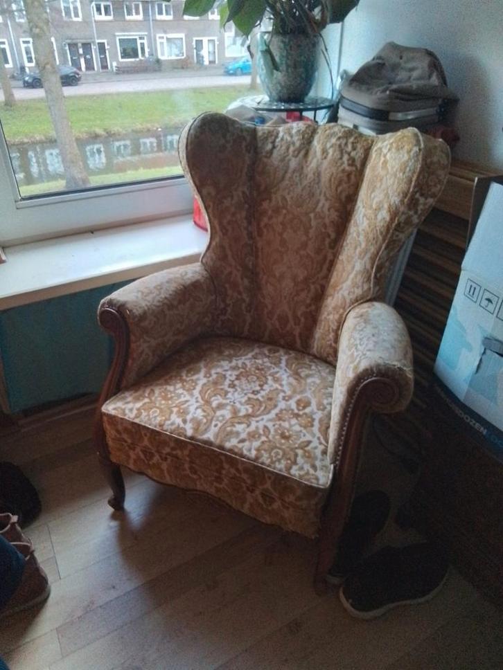 Vintage Gele Oorfauteuil - Relax Stoel, Huis en Inrichting, Fauteuils, Gebruikt, Hout, Stof, 75 tot 100 cm, 75 tot 100 cm, Ophalen