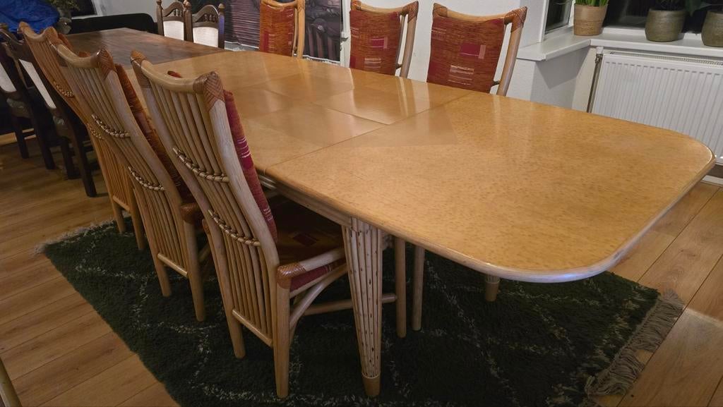 Vintage eetkamer set Flechtatelier Schütz – tafel/ 6 stoelen, Ophalen of Verzenden, Zo goed als nieuw, Vintage rotan, 6 tot 8 stoelen