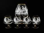 Schenkkan met 4 Cognacglazen gegraveerd Eva in Het Paradijs, Antiek en Kunst, Antiek | Glas en Kristal, Ophalen of Verzenden