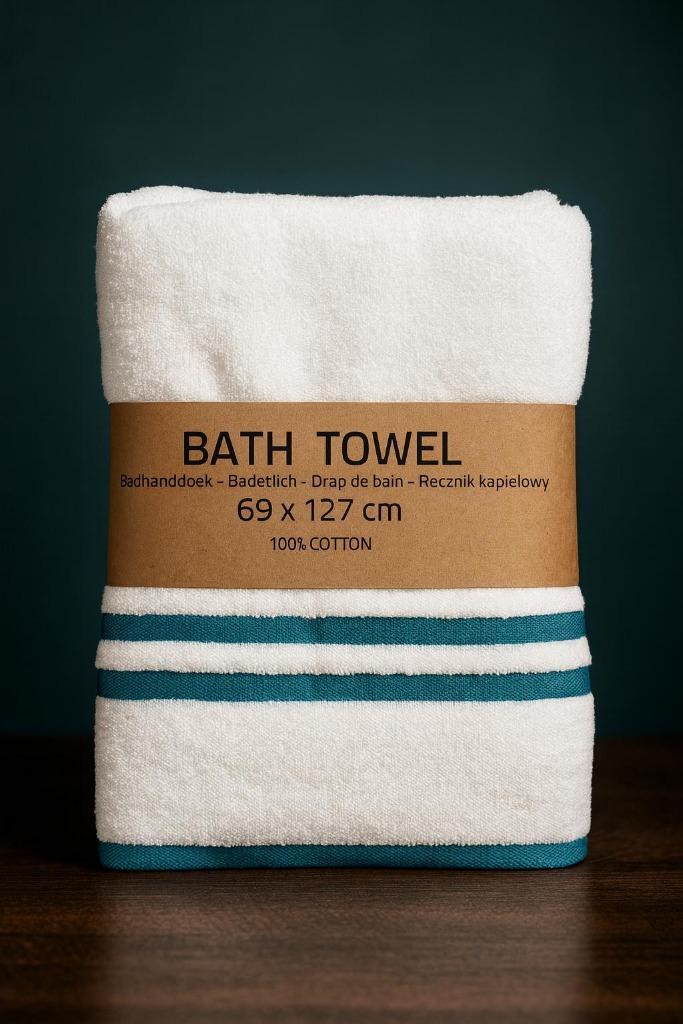 Partij witte badhanddoeken met teal biezen 69x127cm, Huis en Inrichting, Badkamer | Badtextiel en Accessoires, Nieuw, Handdoek