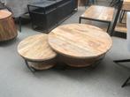Magazijn leegverkoop set 2 ronde salontafels Paras mangohout, Nieuw, Ophalen of Verzenden, Info@wkhome.nl, Argonweg 20 Amersfoort