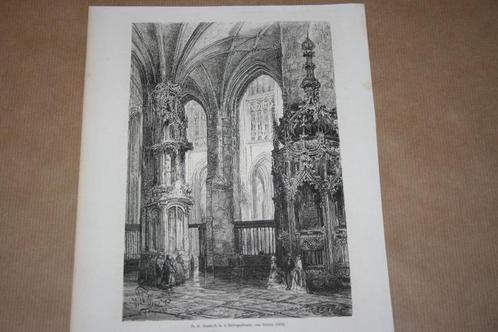 Antieke gravure - Interieur St. Jans Kathedraal Den Bosch !!, Antiek en Kunst, Kunst | Etsen en Gravures, Ophalen of Verzenden