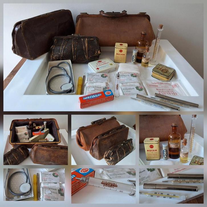 Antieke dokterstas met toebehoren, 3 dokterstassen, Antiek en Kunst, Curiosa en Brocante, Ophalen of Verzenden
