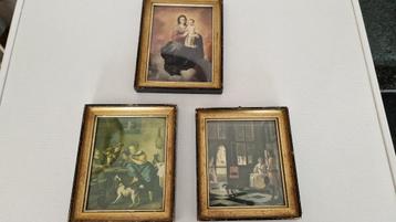 3 oude brocante schilderijtjes beschikbaar voor biedingen