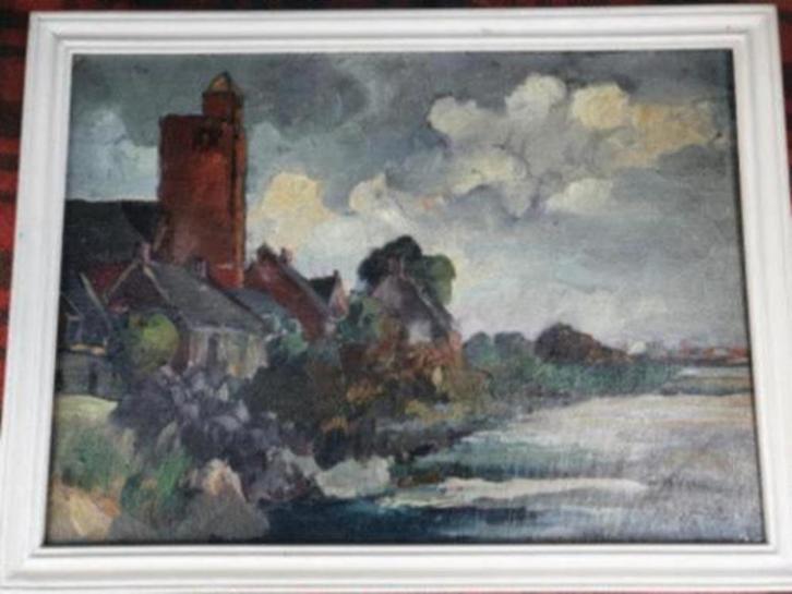 Dorpsgezicht oude kerktoren Papendrecht gesigneerd HJ 1932., Antiek en Kunst, Kunst | Schilderijen | Klassiek, Ophalen
