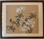 Vintage Chinese aquarel op zijde – vogel & bloesem,, Antiek en Kunst, Ophalen