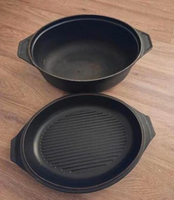 Gietijzeren braadpan met grilldeksel beschikbaar voor biedingen