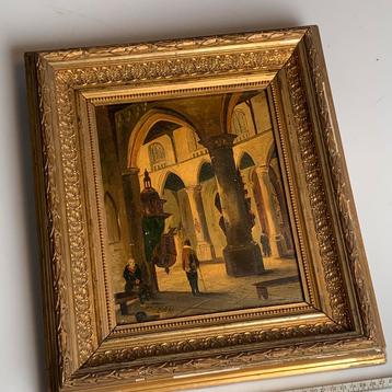Antiek kerkinterieur olieverf op houten paneel beschikbaar voor biedingen