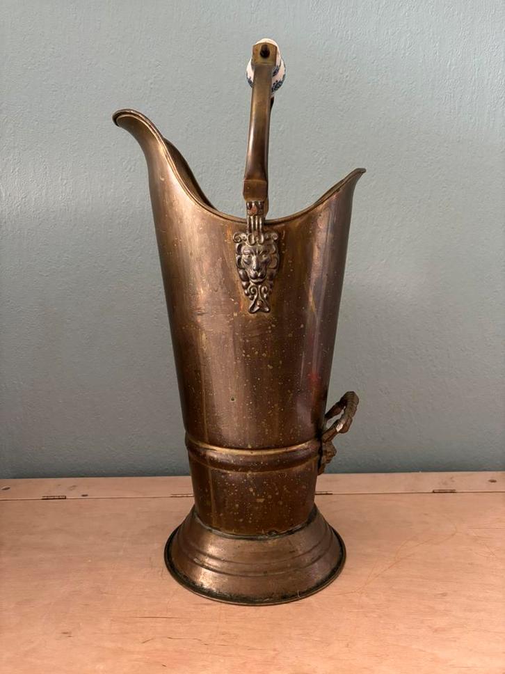 Antieke messing kolenkit met porseleinen hengsel, Antiek en Kunst, Antiek | Koper en Brons, Ophalen