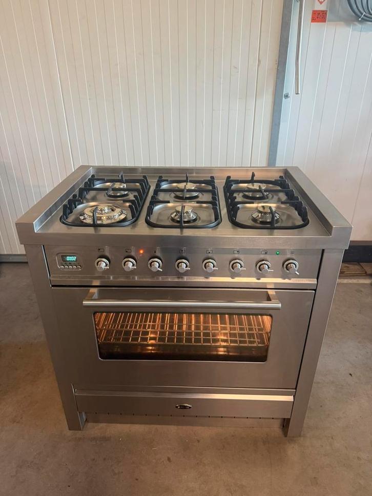 Luxe Boretti 6 pits Fornuis Rvs multifunctioneel 90 cm, Witgoed en Apparatuur, Fornuizen, Zo goed als nieuw, Vrijstaand, Gas, 5 kookzones of meer