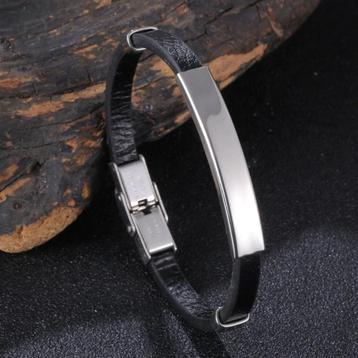 Zwarte Leren Stalen Kabel Armband / Heren Dames Zwart Bandje beschikbaar voor biedingen