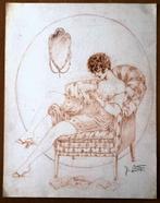 A493-85 Oude tekening Schaars geklede Vrouw zittend op stoel, Ophalen of Verzenden
