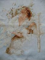 Borduurwerk "Vrouw en poes", Ophalen of Verzenden, Gebruikt, Handborduren, Onderdeel of Toebehoren