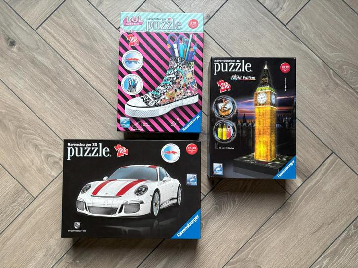 Ravensburger 3D Puzzels: Porsche, Big Ben & Sneaker, Hobby en Vrije tijd, Denksport en Puzzels, Zo goed als nieuw, Rubik's of 3D-puzzel