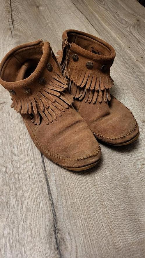 MINNETONKA laarsjes. Maat 39. Leer. Franjes. Cognac kleur., Kleding | Dames, Schoenen, Gedragen, Lage of Enkellaarzen, Bruin, Ophalen of Verzenden