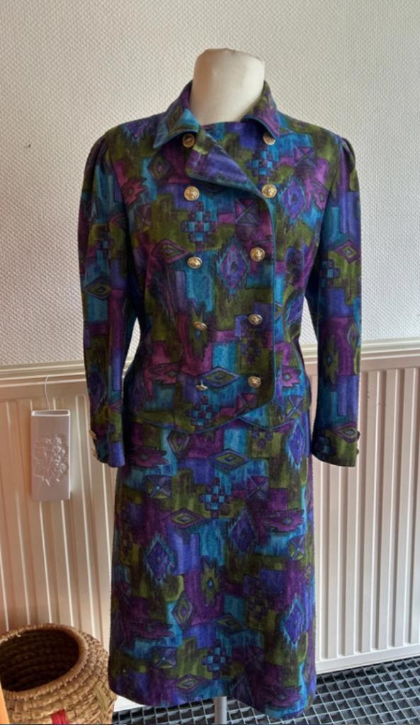 Vintage 80s mantelpak, Kleding | Dames, Jasjes, Kostuums en Pakken, Gedragen, Kostuum of Pak, Maat 42/44 (L), Paars, Ophalen of Verzenden