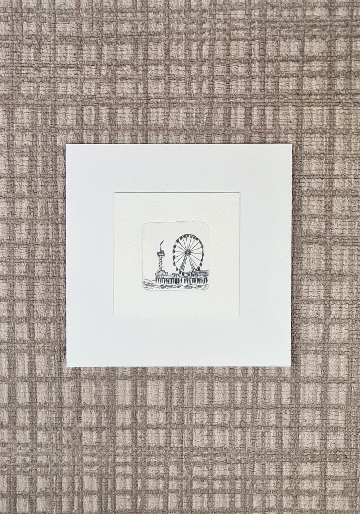 Mini etsje De Pier, Scheveningen, Den Haag, 10x10 cm, Huis en Inrichting, Woonaccessoires | Schilderijen, Tekeningen en Foto's
