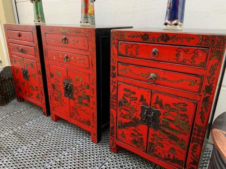 Chinese antieke nachtkastjes in ossenrood v.a. p/st. 150,-, Huis en Inrichting, Tafels | Bijzettafels, Zo goed als nieuw, Verzenden