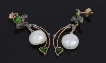 Roos diamant parel groen emaille antieke 14k oorbellen goud beschikbaar voor biedingen