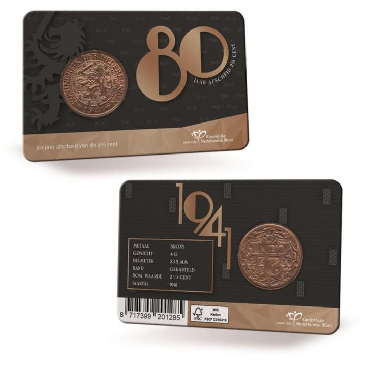 80 jaar Afscheid 2021 2 1/2 Cent 1941 Coincard, Postzegels en Munten, Munten | Nederland, Setje, Overige waardes, Koningin Wilhelmina
