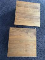 2x massief notenhouten bijzettafel met rvs frame, Ophalen, Minder dan 45 cm, Vierkant, 55 tot 75 cm