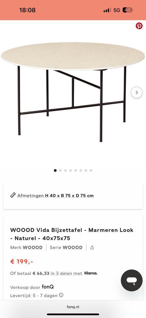 WOOOD Vida Bijzettafel - Marmeren Look - Naturel - 40x75x75, Huis en Inrichting, Tafels | Salontafels, Zo goed als nieuw, Minder dan 50 cm