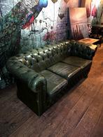 Klassieke groene lederen bank, Ophalen, Gebruikt, Driepersoons, Rechte bank