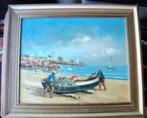 Morales (?) - Strand met vissersboot - olieverf op doek, Antiek en Kunst, Kunst | Schilderijen | Klassiek, Ophalen of Verzenden