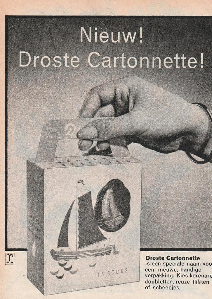 retro reclame 1962 Droste chocolade cartonnette scheepjes, Verzamelen, Retro, Overige typen, Verzenden
