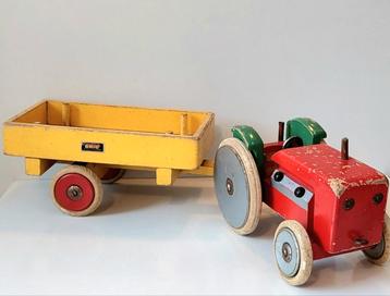 Oude Grote Brio Tractor + Aanhanger Houten Speelgoed Trekker beschikbaar voor biedingen