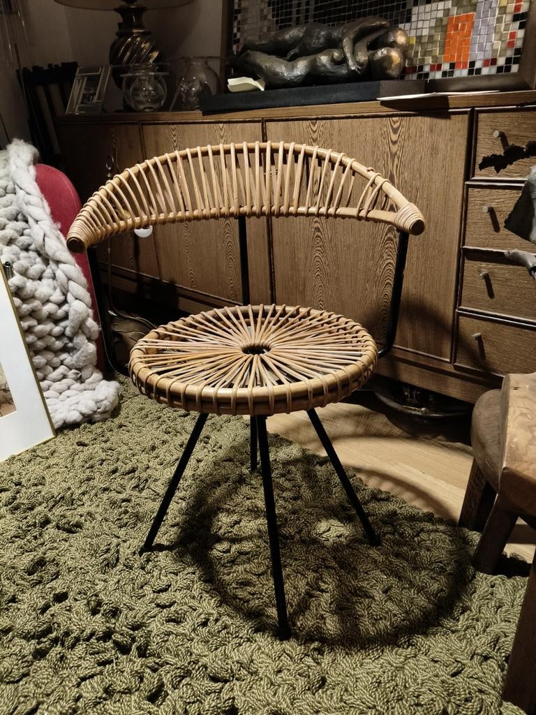 3004 Vintage  stoel Dirk van Sliedregt - Rohe Noordwolde, Huis en Inrichting, Stoelen, Gebruikt, Eén, Metaal, Riet of Rotan, Zwart