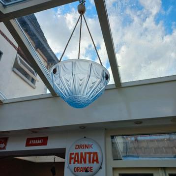Art Deco Franse Hanglamp Blauw Glas beschikbaar voor biedingen