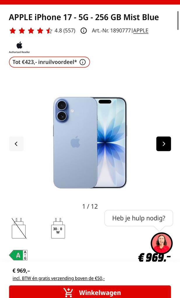 Apple iPhone 17 5G - 256GB Mist Blue, Ophalen, Zo goed als nieuw, Blauw, 256 GB