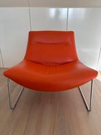Oranje leren fauteuil met metalen frame, Ophalen, Gebruikt, Minder dan 75 cm, Leer