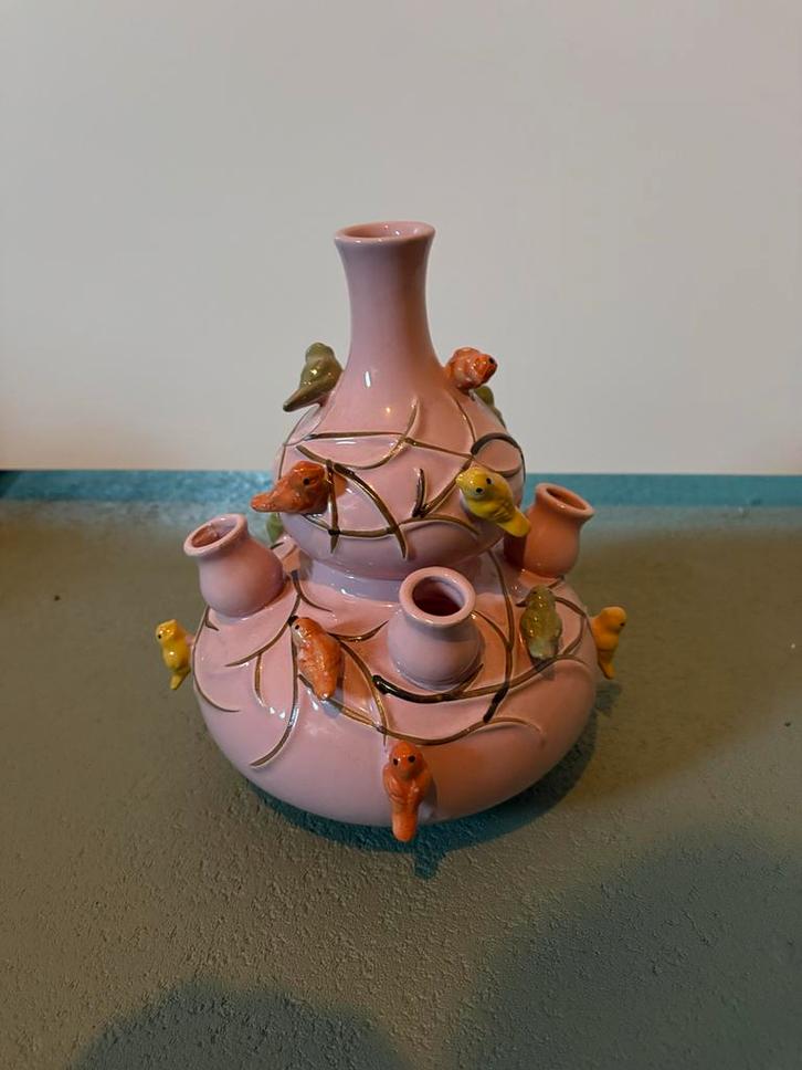 Tulpenvaas roze en tulpenvaasje groen met vogels, Huis en Inrichting, Woonaccessoires | Vazen, Zo goed als nieuw, Overige kleuren